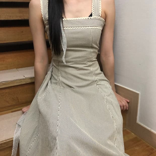 빈티지 아이보리 스트라이프 롱 원피스
