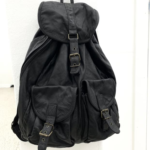 Black leather cargo pocket back pack  