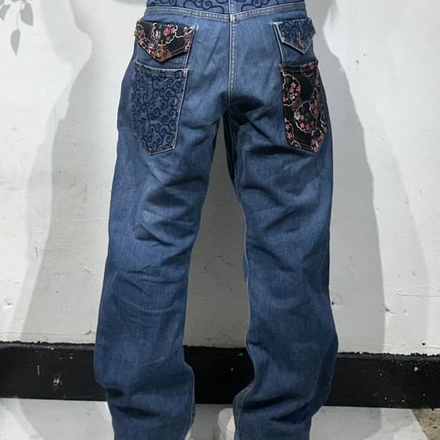 일본 빈티지 중청 대장급 오리엔탈 자수 포켓 와이드 데님 팬츠 청바지 