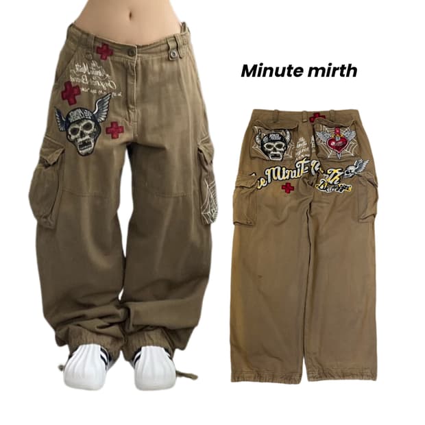 Minute mirth Y2K 스컬 해골 자수 빅로고 와이드 카고팬츠