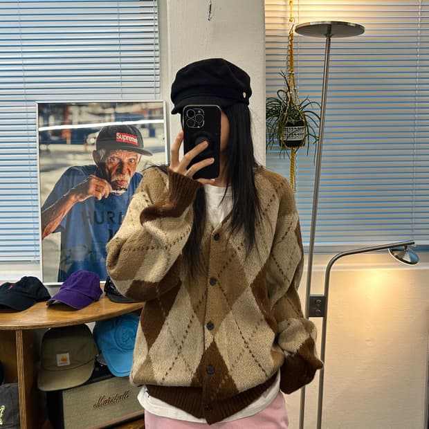 마하그리드 아가일 울 오버핏 가디건 L