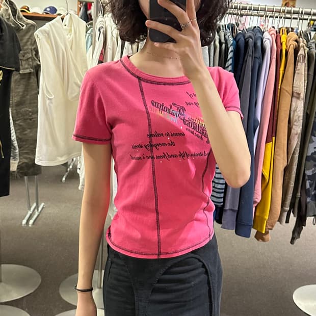 M)Japanese vintage 여성 핑크 블랙 스티치 반팔
