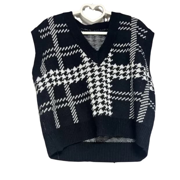 블랙 하운드투스 체크 니트 조끼