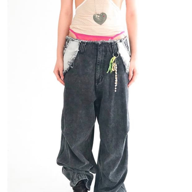샴페어리 cut-off denim maxi pants (black)