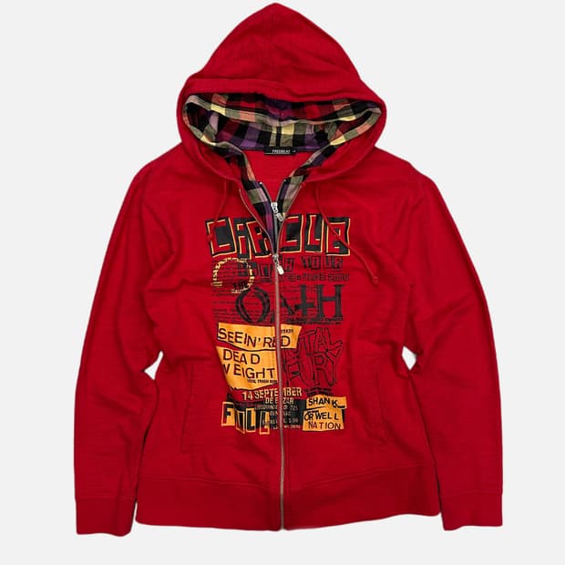 check layered red hood zip-up