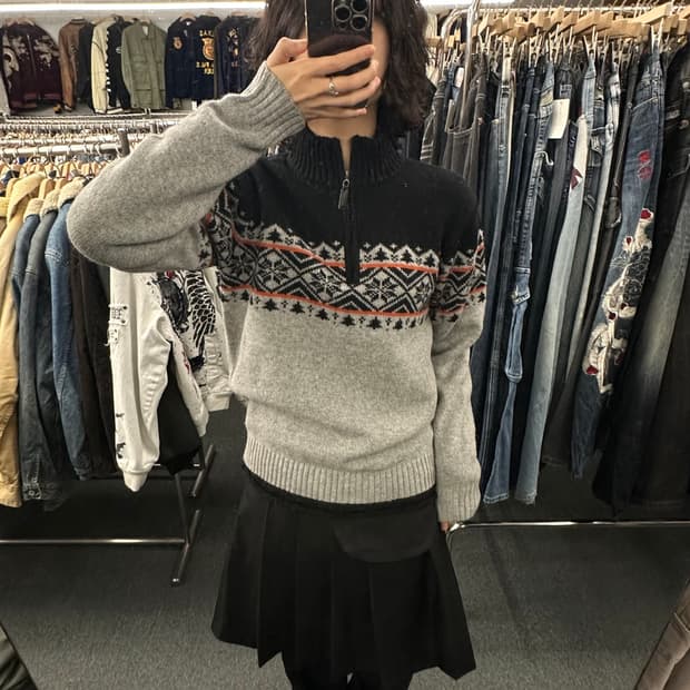 M)빈티지 노르딕 울 하프집 스웨터