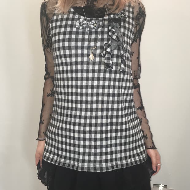 jpn vintage check frill lace onepiece