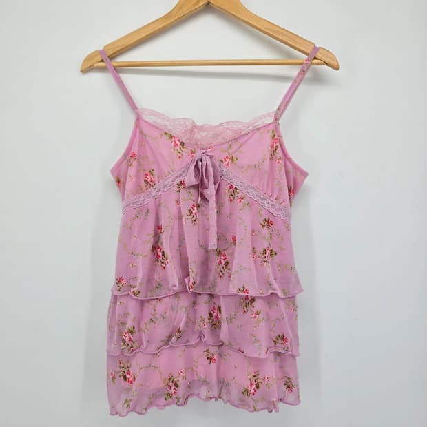 Y2K 일본 빈티지 레이스 꽃무늬 핑크 나시 블라우스