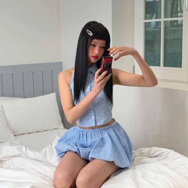 (이안 착용) 유희 하이틴 y2k 체크 셋업 벌룬 스커트 홀터 탑