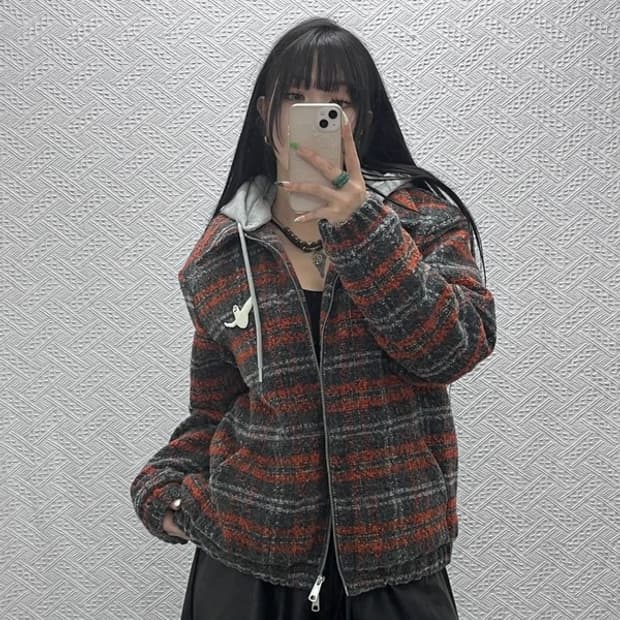 와릿이즌 와키윌리 키치 오렌지 체크 후드 자켓 M C09280