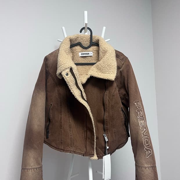 프렌다 데님 셔링 무스탕 자켓 브라운