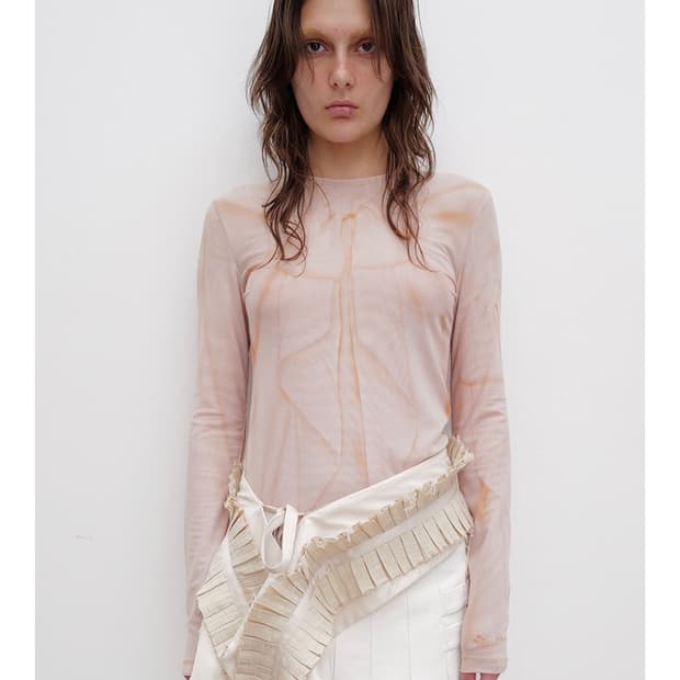 오픈와이와이 RIBBON PRINT MESH TOP 살몬