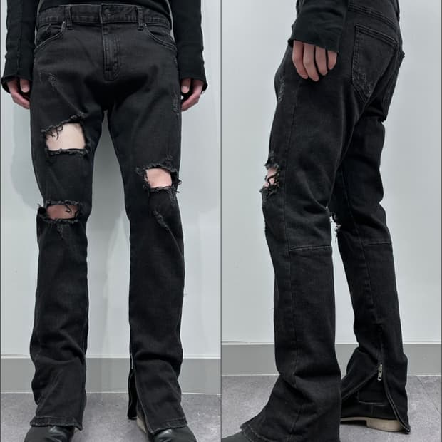 블랙 디스트로이드 지퍼 디테일 데님