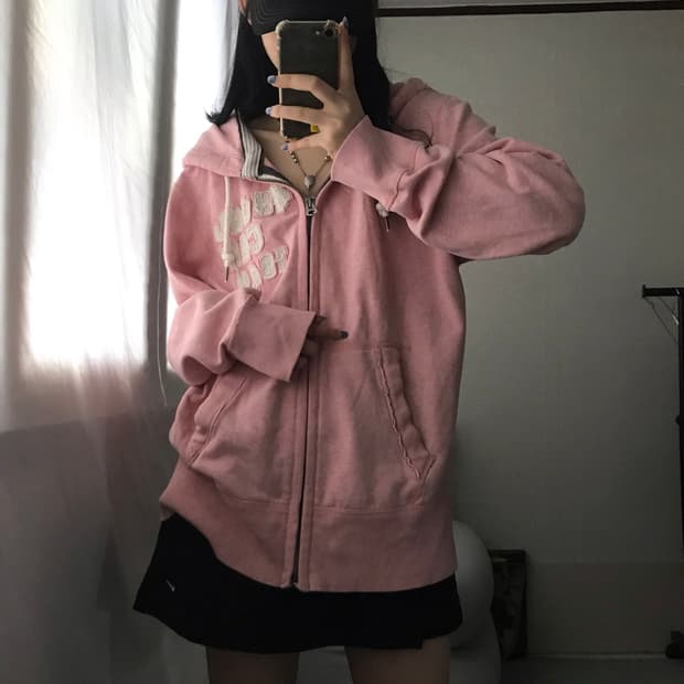 후아유 연핑크 후드집업