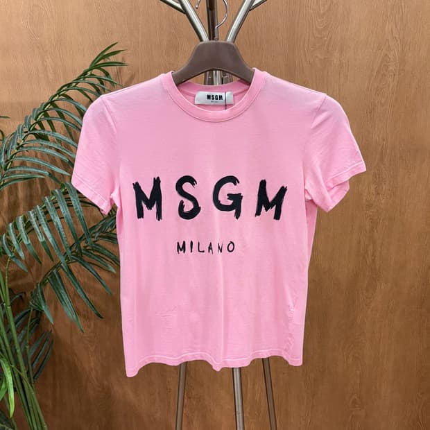 MSGM 라운드넥 반팔 티셔츠 로고 프린팅 디테일 기본핏 핑크