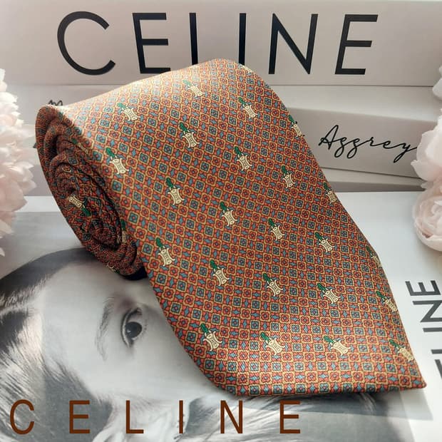 셀린느 실크 브라운 트리오페 패턴 넥타이 8.7cm A+등급 K1330
