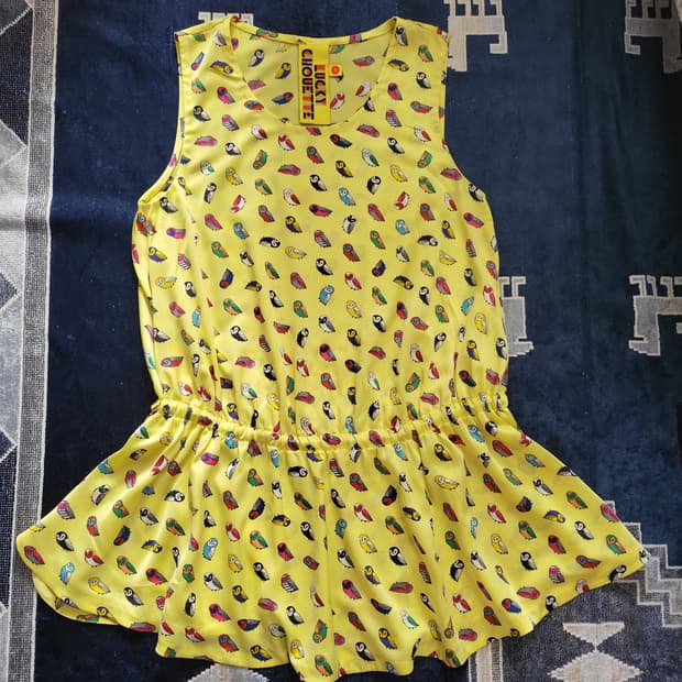 럭키슈에뜨 부엉이 패턴 로우 웨이스트 원피스