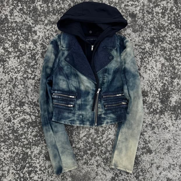Washed Denim Hooded Biker Jacket