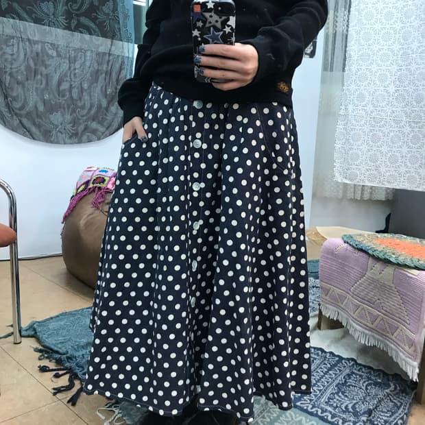 빈티지 여성 도트 밴딩 롱스커트 