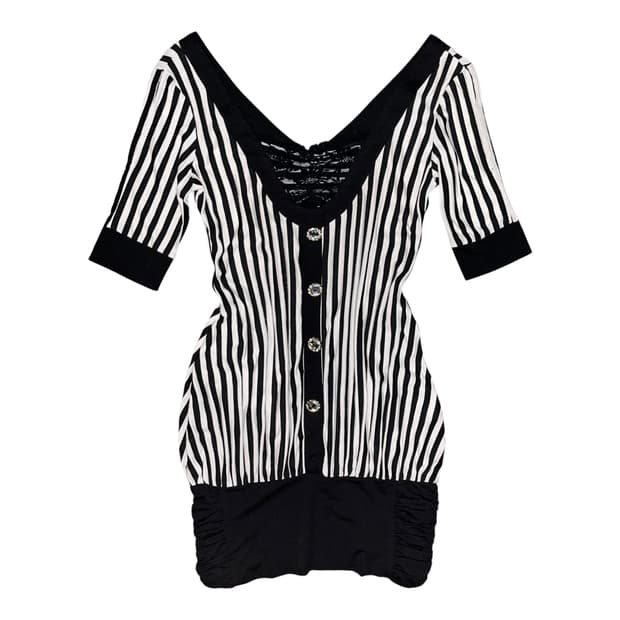 diable baiser스트라이프 셔링 7부 브이넥 오프숄더 원피스 갸루