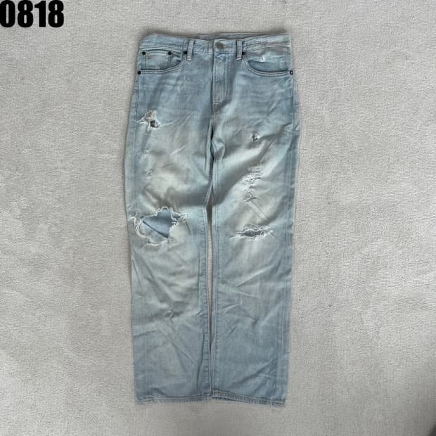폴로 라이트블루 워싱 데미지 청바지 M