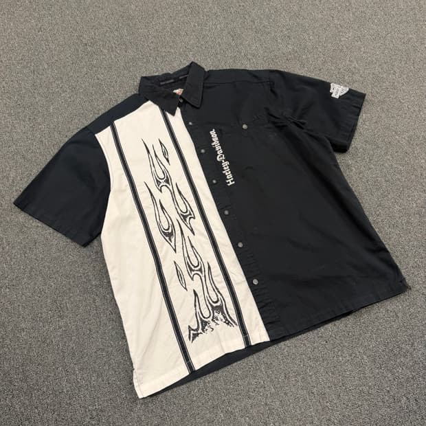 XL) 할리데이비슨 빈티지 플레임 자수 하프 반팔셔츠