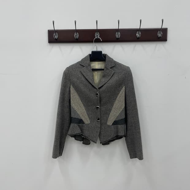 시스템 헤링본 체크 배색 클래식 자켓