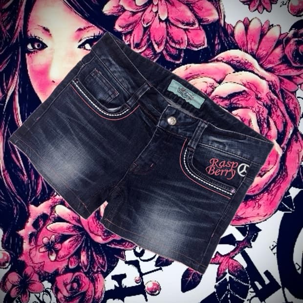 빈티지 레드페퍼깔 갸루 스컬 데님 숏팬츠