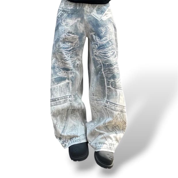 그래픽 워싱 디스트로이드 데님 팬츠 