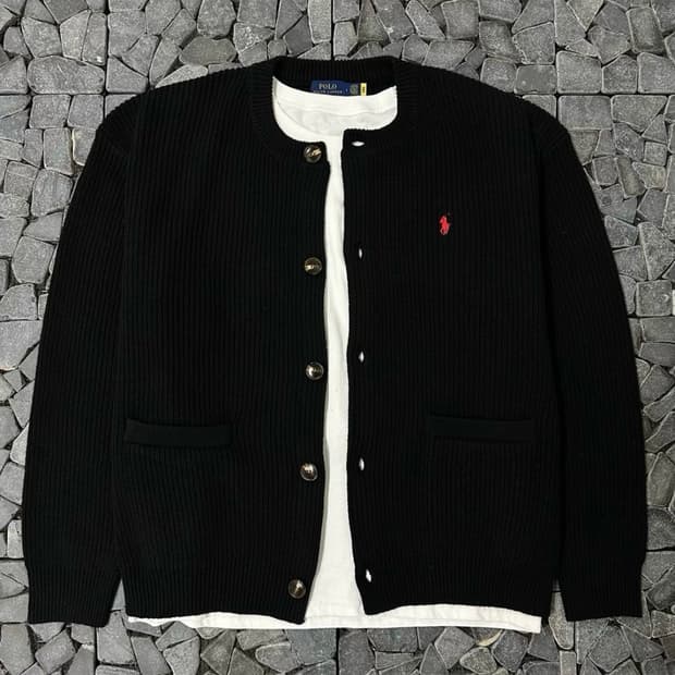 폴로 블랙 울 라운드 가디건 L