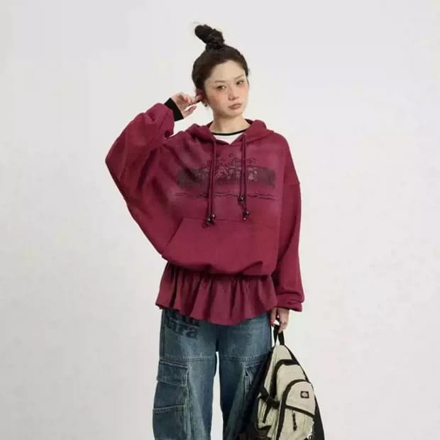 ACHIHARA 후드티 페이크 레이어드 루즈핏 롱 후디