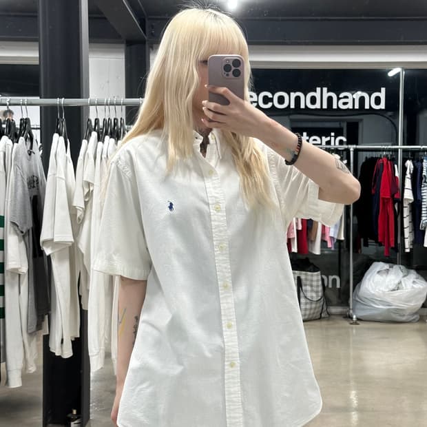 폴로 랄프로렌 린넨 소재 네이비 자수 로고 반팔 화이트 셔츠