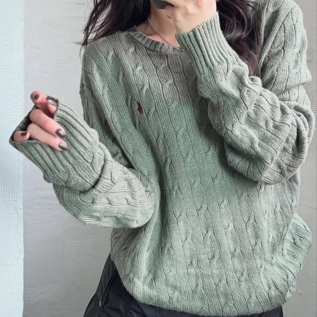 Polo 폴로 랄프로렌 신형 실크100 세이지그린 케이블 니트