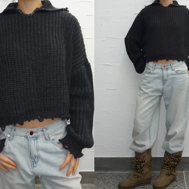 Frayed charcoal knit