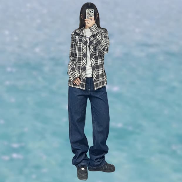 멀티포켓 하이넥 체크 워크 자켓