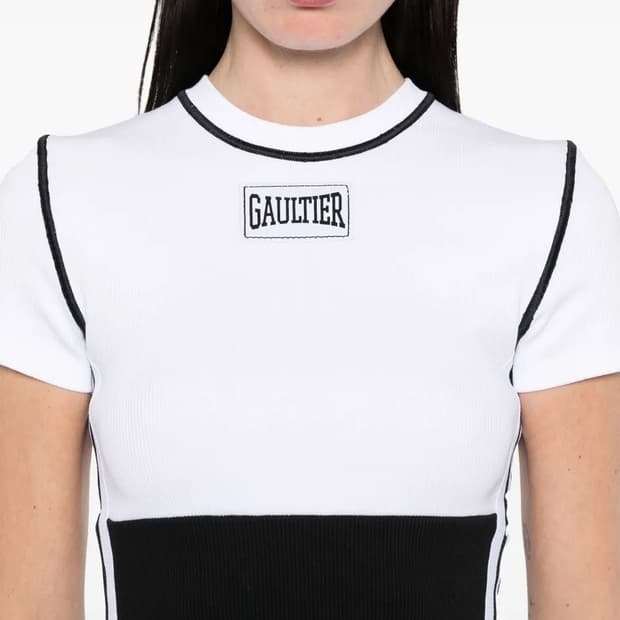 Jean Paul Gaultier 화이트 및 블랙 컬러 블록 로고 티