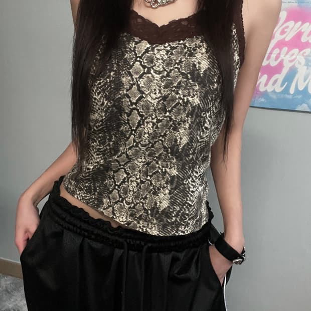 y2k 갸루 브라운 펑크 뱀피 파이톤 레이스 슬리브리스