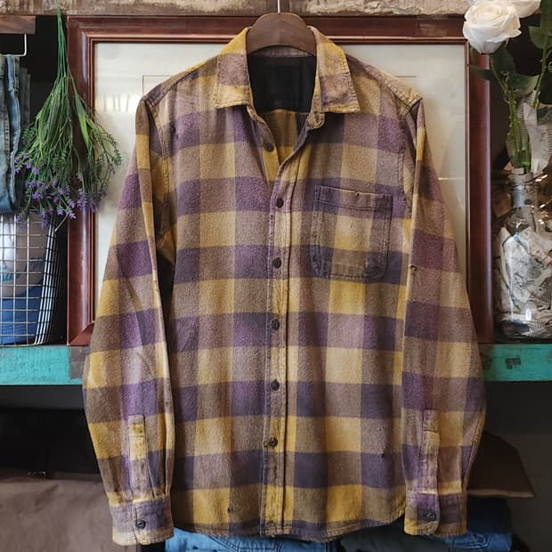 90s 빈티지 체크셔츠 헤비 플란넬 워크셔츠 썬페이딩 퍼플 옐로우 L