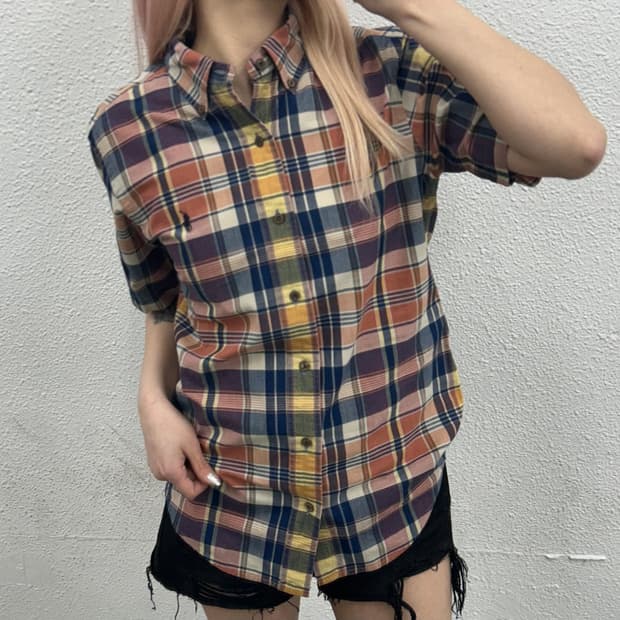 폴로 랄프로렌 네이비포니 파스텔 타탄체크 반팔 셔츠 S