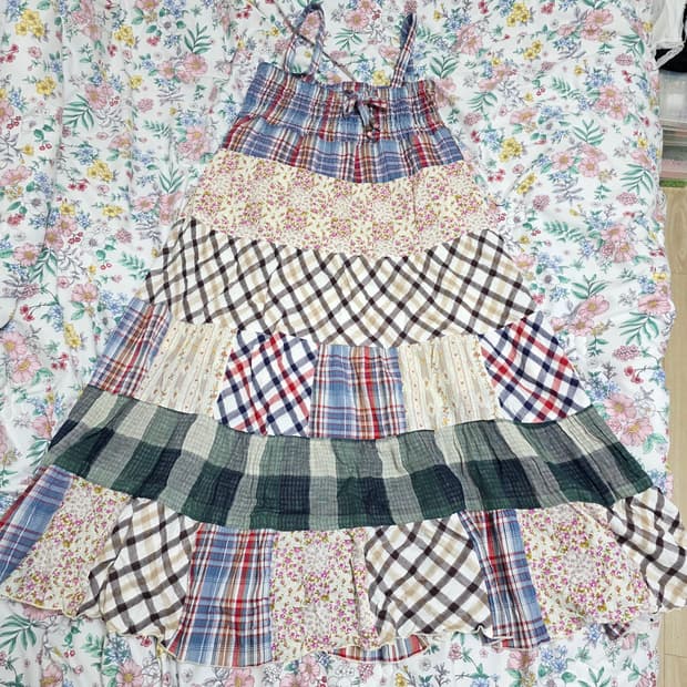 일본빈티지)하구미모리걸st 아오이유우 패치워크 체크 플로럴 롱원피스