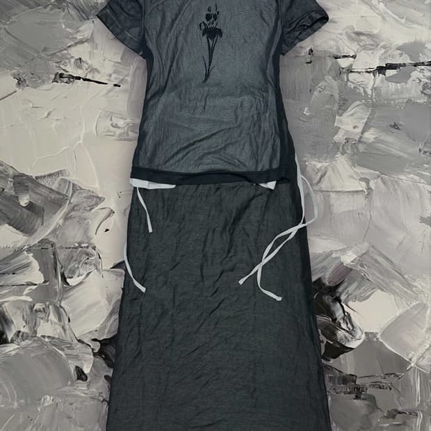 블랙 시스루 플라워 프린팅 셋업