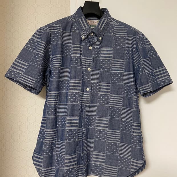 [L] 마크바트로스 성조기 패치워크 샴브레이 반팔셔츠 아메카지 데님셔츠