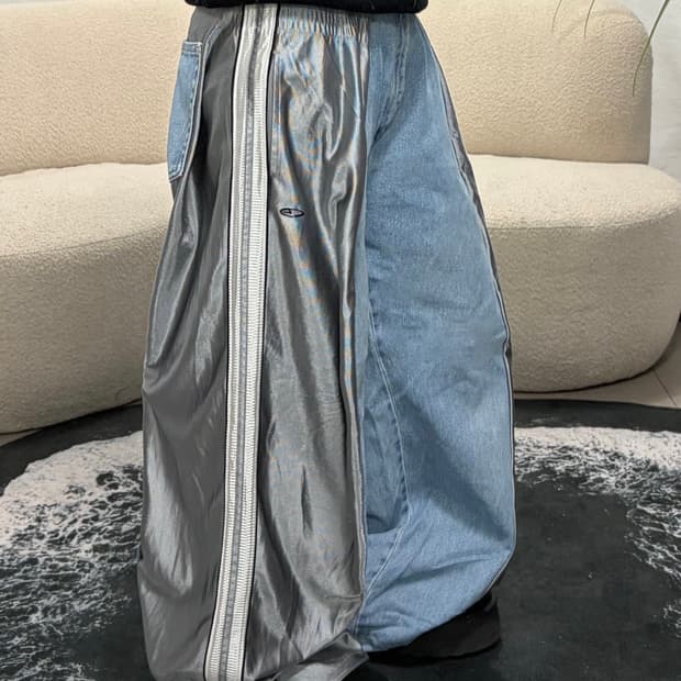 90s vintage 메탈 믹스 데님 와이드 팬츠