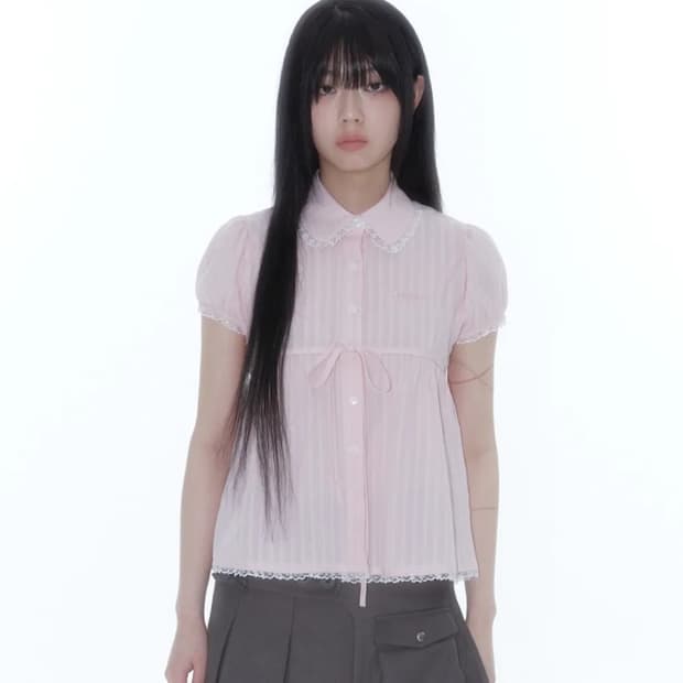 카시코 퍼프 슬리브 레이스 셔츠 핑크