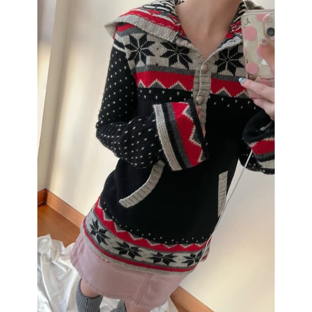 히스테릭 글래머 아카이브 노르딕 눈꽃송이 니트 후드집업 후드티 스웨터