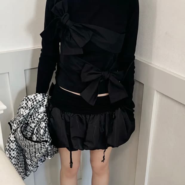 크랭크 더블 리본 타이드 탑_블랙