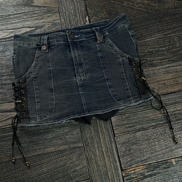 [일본빈티지] Y2K 사이드 레이스 퍼 데님 미니스커트 M18358