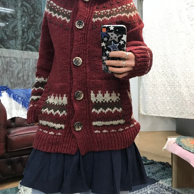 써스데이아일랜드 에스닉 니트 후드 롱 가디건 