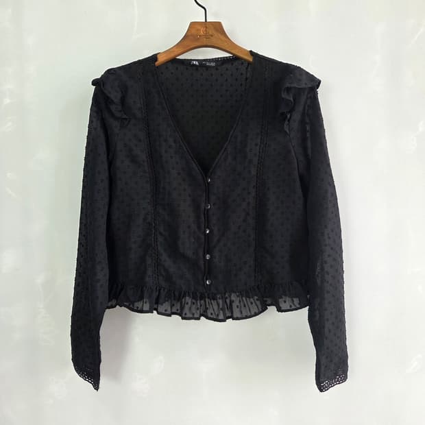 자라 ZARA 도트 프릴 시스루 블라우스 S 블랙