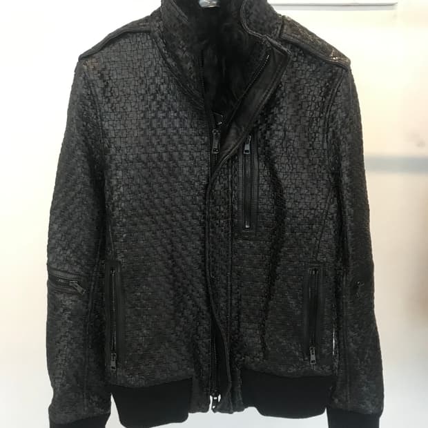 Woven Fur-Collar Leather Moto Jacket